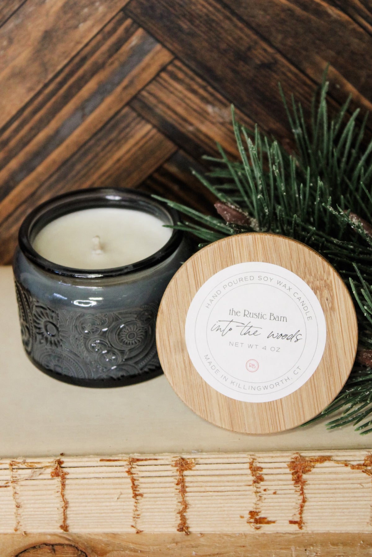 evergreen sprue and moss hand-poured 4 ounce soy candle at The Rustic Barn in Killingworth CT