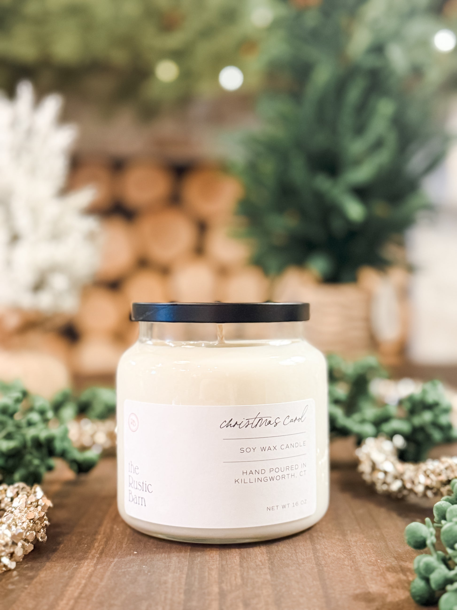 pine, fir, clove, and cedar wood hand-poured 16 ounce soy candle at The Rustic Barn in Killingworth CT