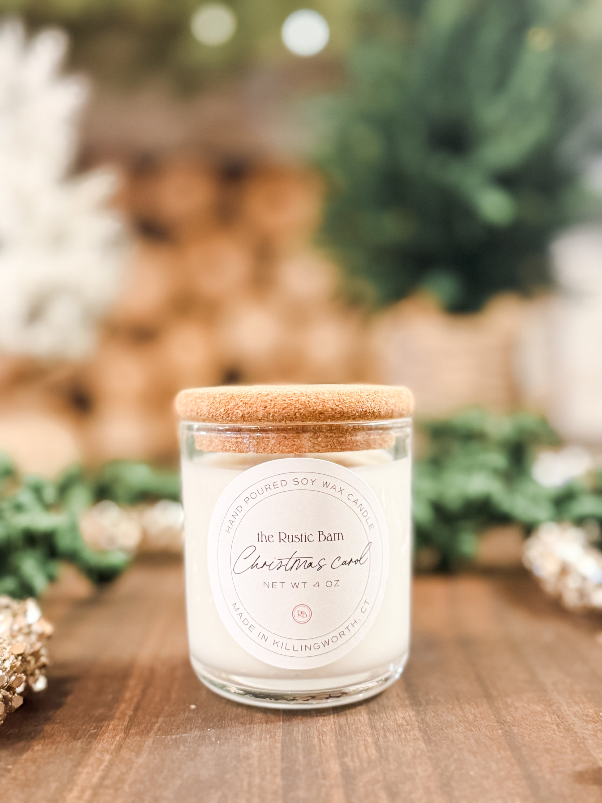 pine, fir, clove, and cedar wood hand-poured 4 ounce soy candle at The Rustic Barn in Killingworth CT