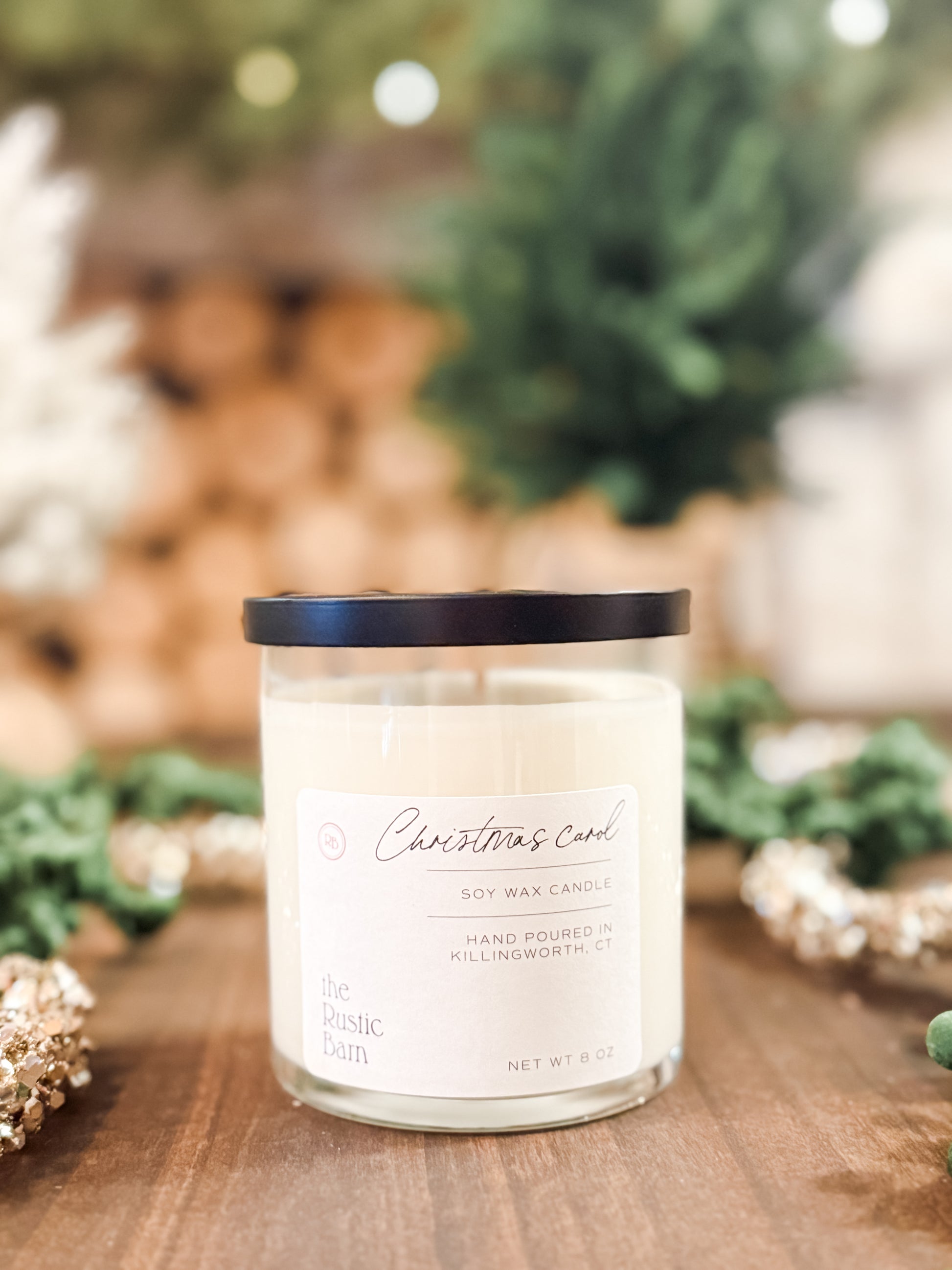 pine, fir, clove, and cedar wood hand-poured 8 ounce soy candle at The Rustic Barn in Killingworth CT