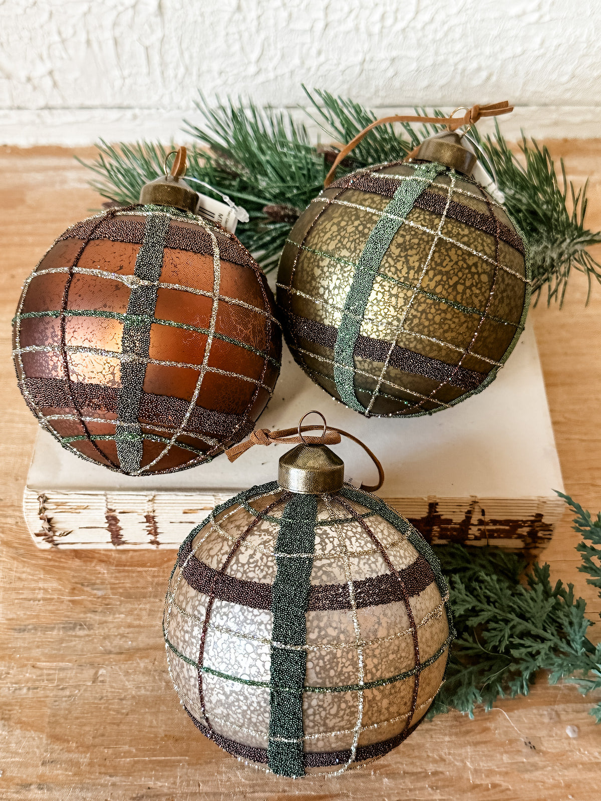 Plaid glass ball ornaments for Christmas for sale at the rustic barn in killingworth, CT