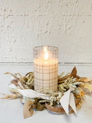 large plaid glass flameless candle at the Rustic Barn in Killingworth CT