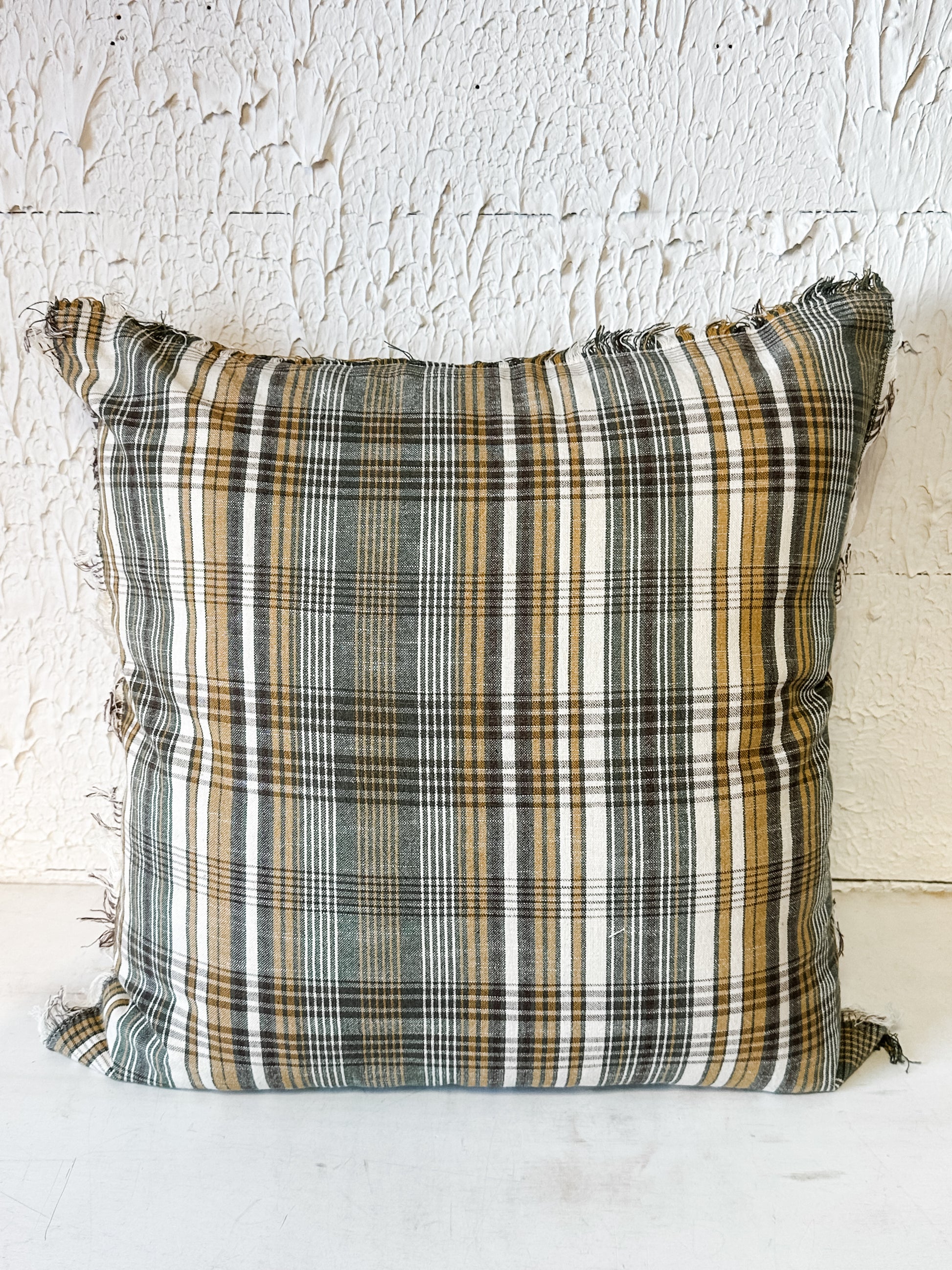 plaid linen and cotton pillow with eyelash fringe at the Rustic Barn in Killingworth, CT