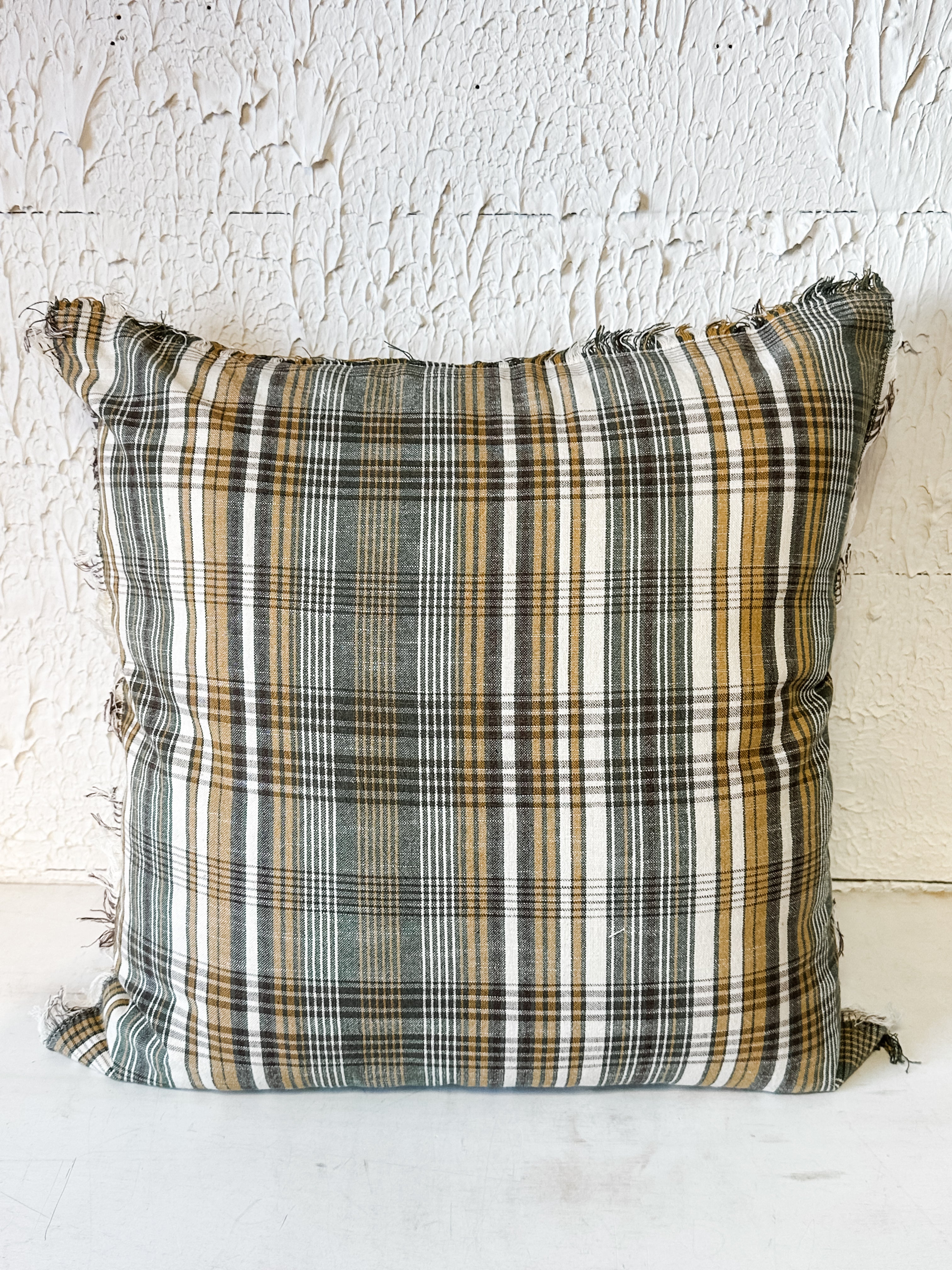plaid linen and cotton pillow with eyelash fringe at the Rustic Barn in Killingworth, CT