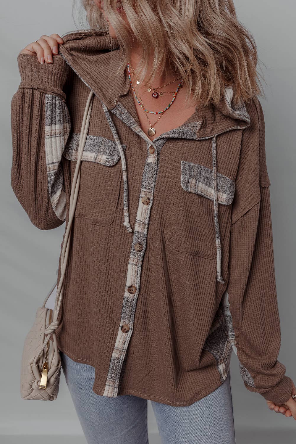 plaid patchwork button down brown shacket at the rustic barn in Killingworth ct