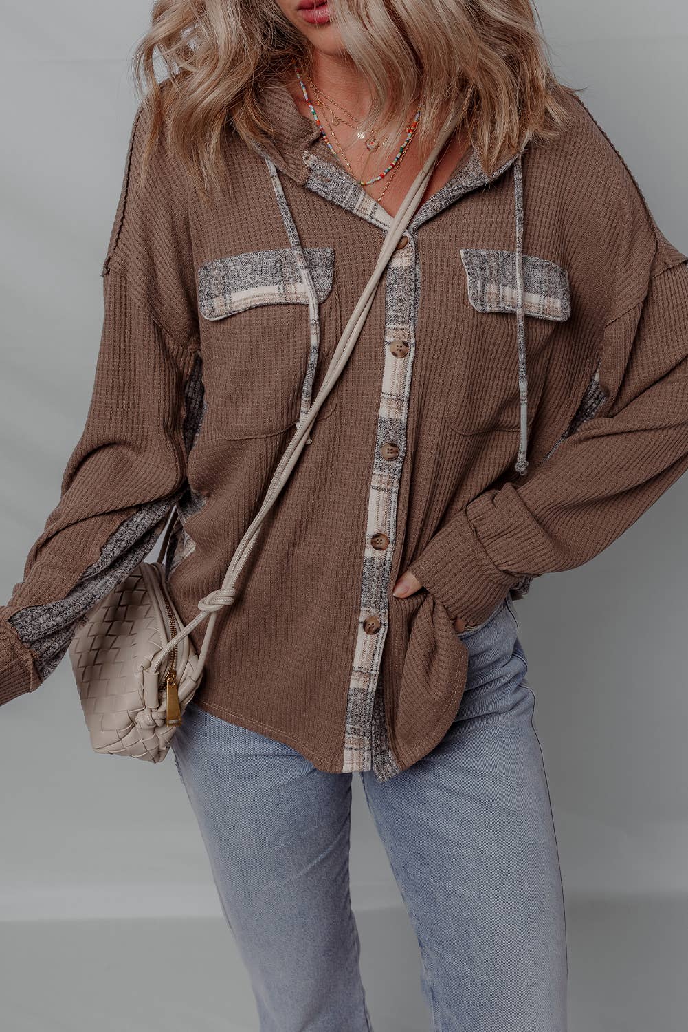 plaid patchwork button down brown shacket at the rustic barn in Killingworth ct