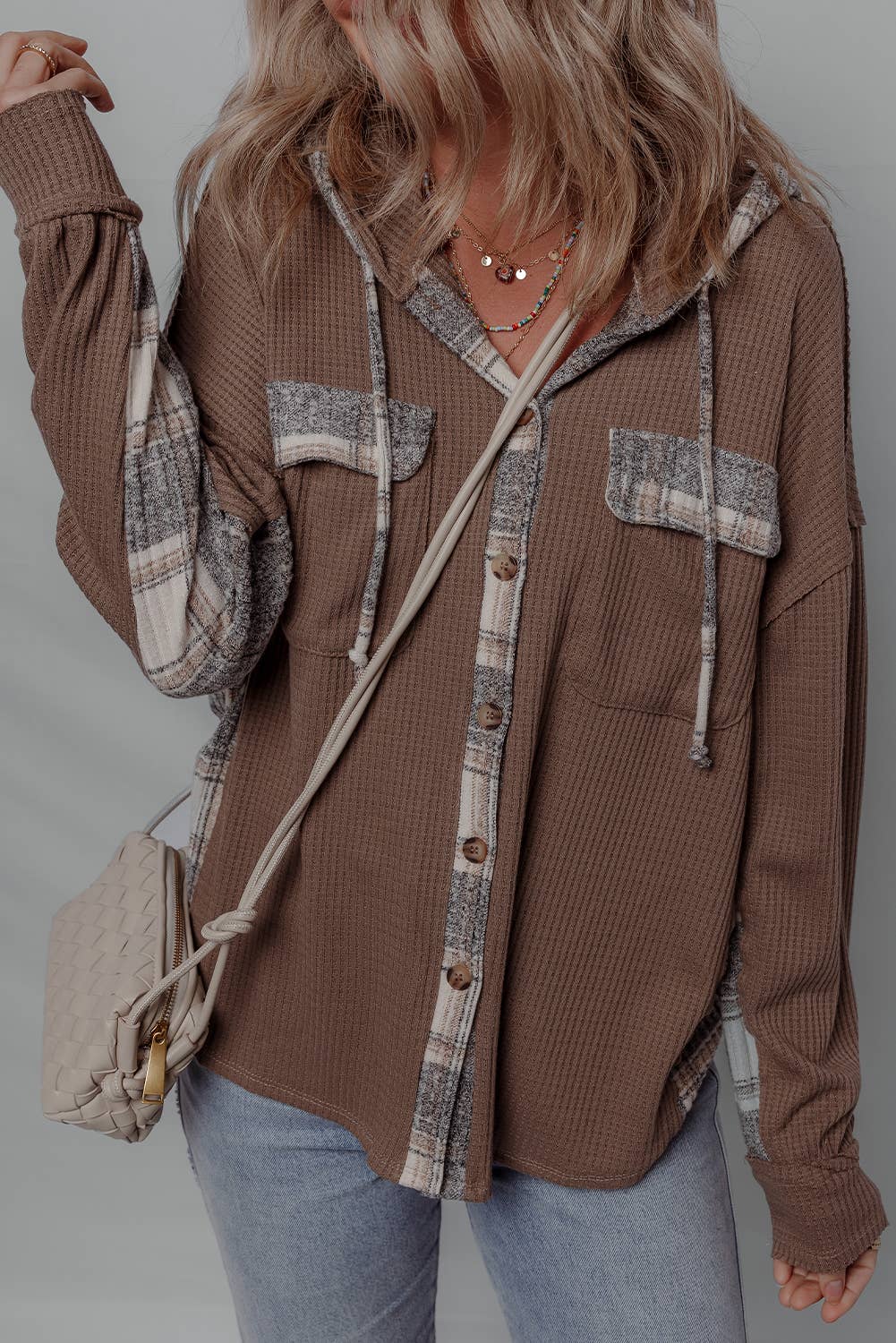 plaid patchwork button down brown shacket at the rustic barn in Killingworth ct