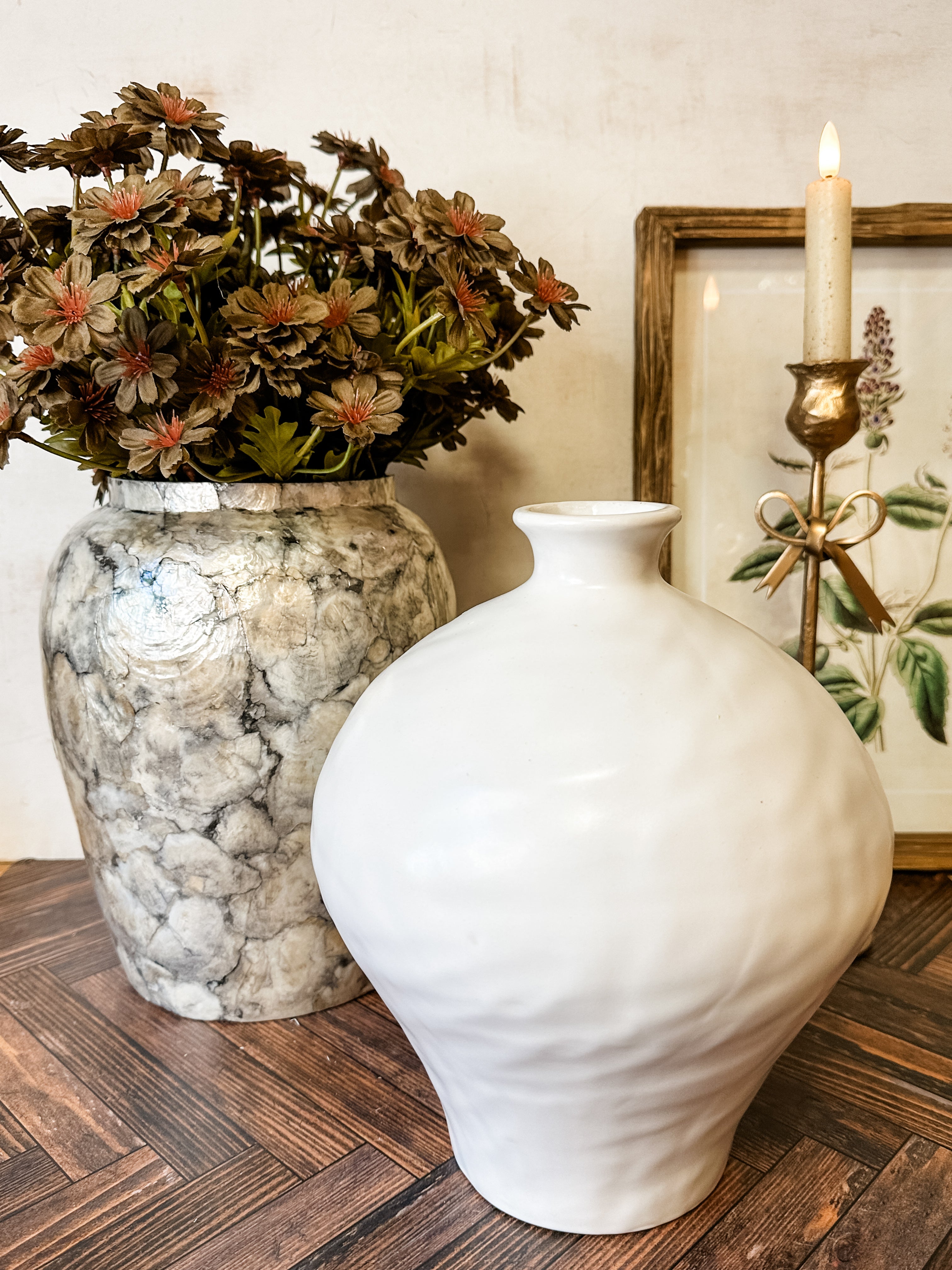 planters and vases with florals and taper holder at the rustic barn in killingworth ct