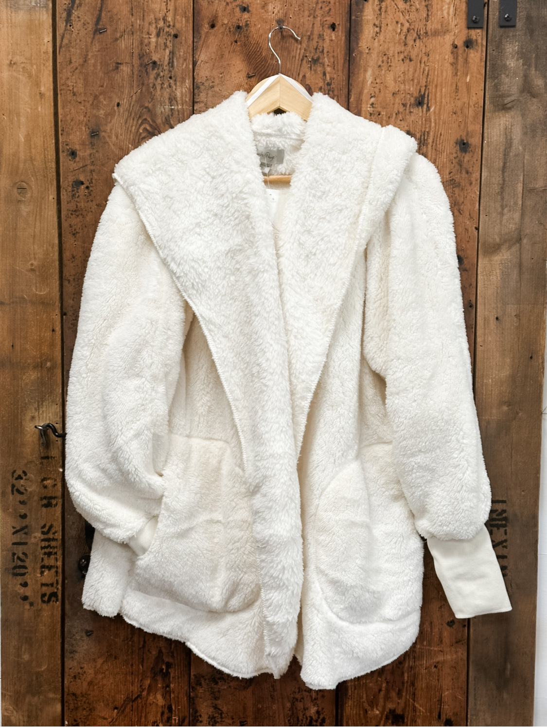 plush lounge open front hoodie with pockets at the Rustic Barn in Killingworth, CT