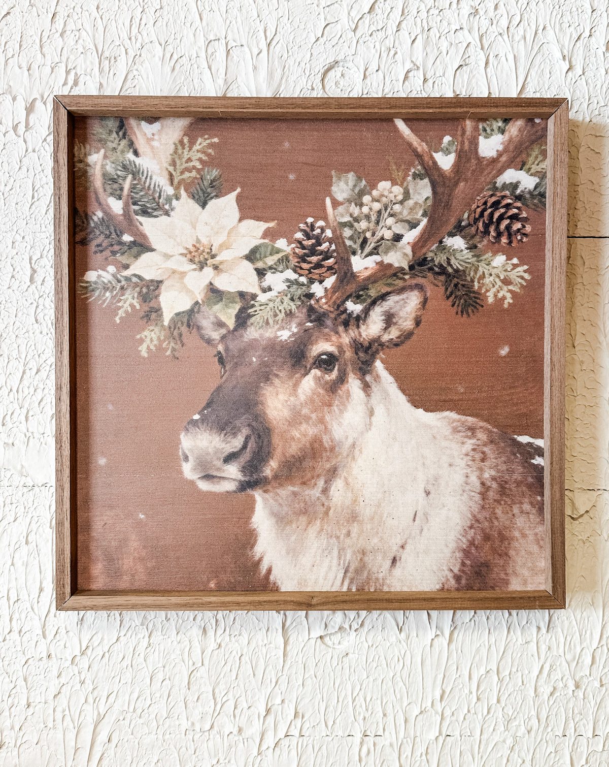 Poinsettia reindeer framed wall art for christmas for sale at the rustic barn in Killingworth, CT
