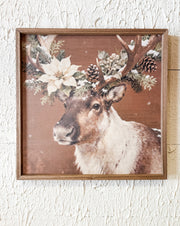 Poinsettia reindeer framed wall art for christmas for sale at the rustic barn in Killingworth, CT