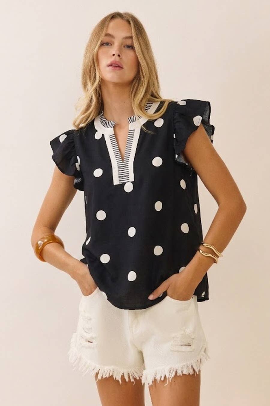 polka dot flutter sleeve blouse black and white at the rustic barn in Killingworth ct