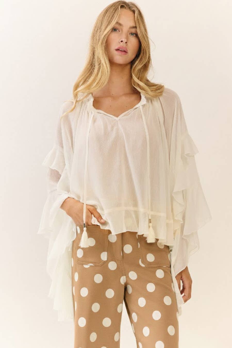 polka dot high rise wide leg pants camel white at the rustic barn in Killingworth ct