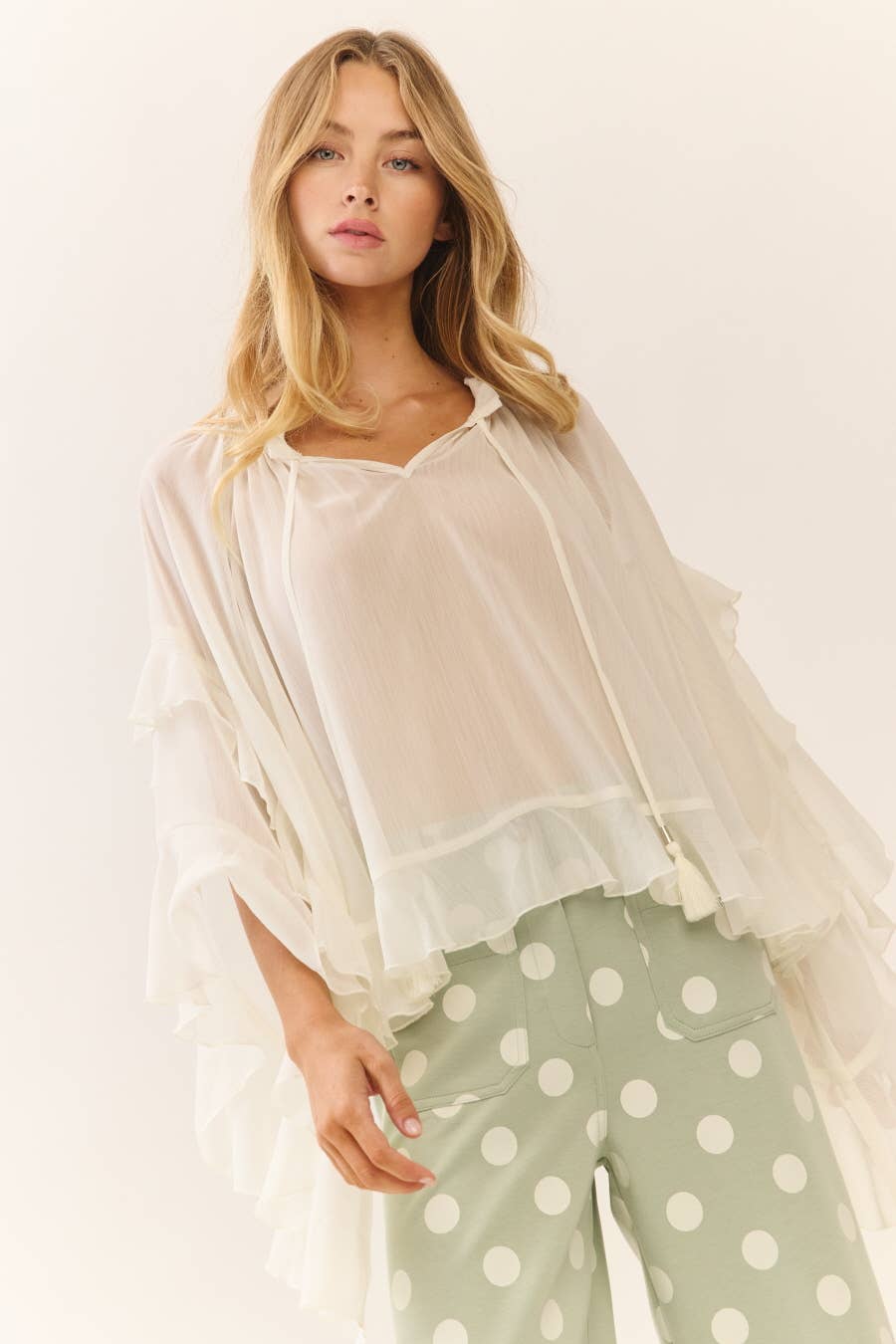 polka dot high rise wide leg pants sage ecru at the rustic barn in Killingworth ct