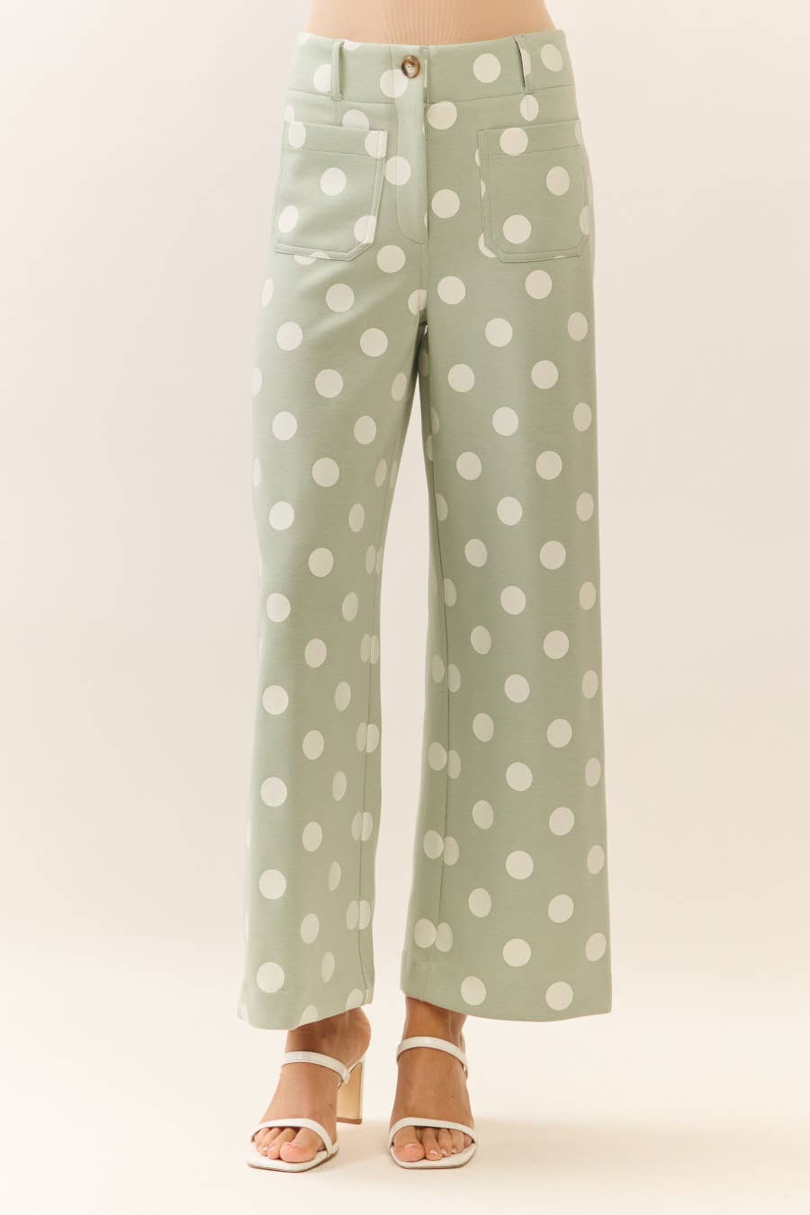 polka dot high rise wide leg pants sage ecru at the rustic barn in Killingworth ct