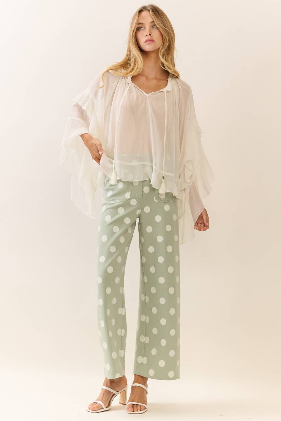 polka dot high rise wide leg pants sage ecru at the rustic barn in Killingworth ct