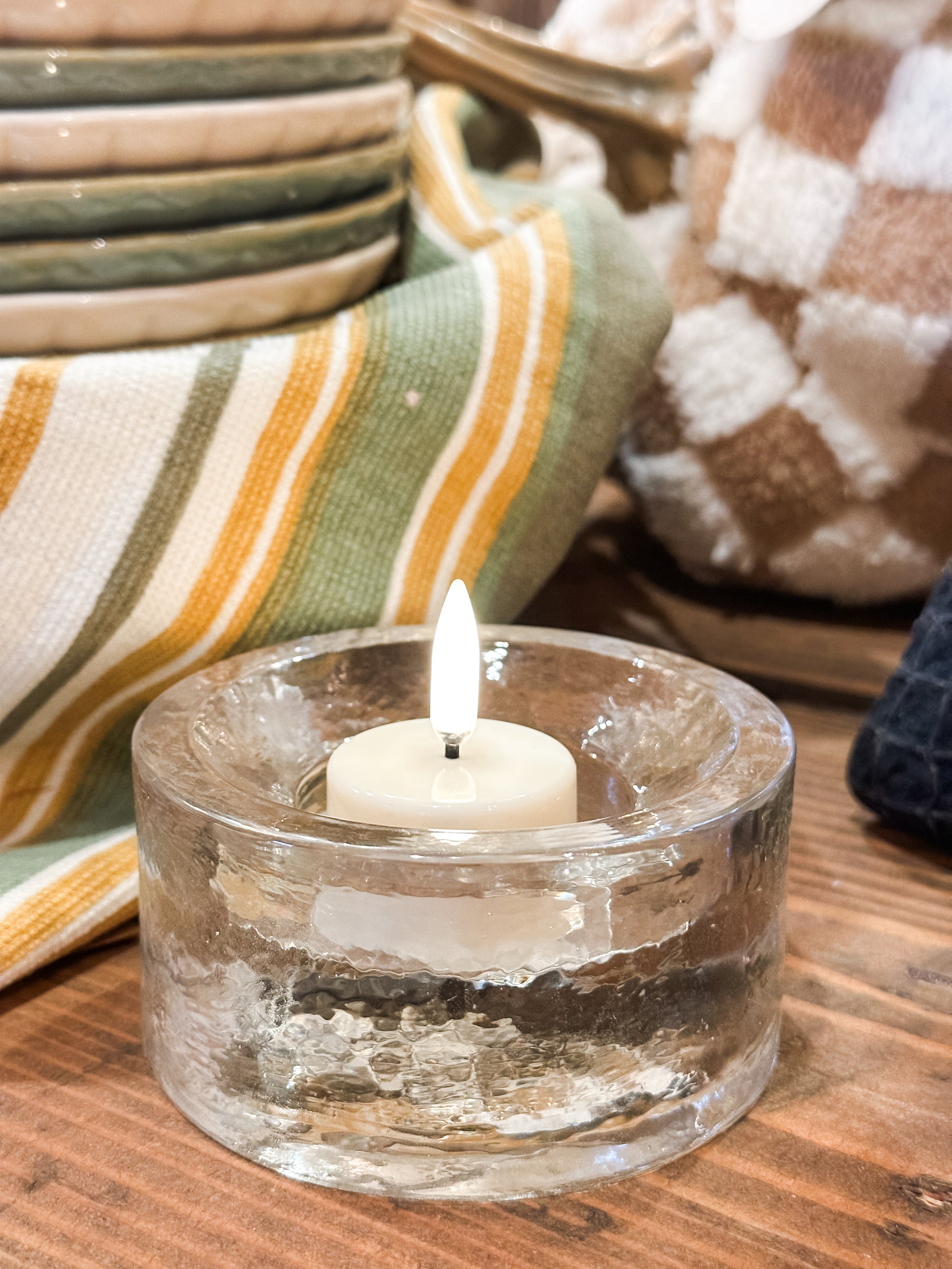 round pressed glass tea light holder at the Rustic Barn in Killingworth CT