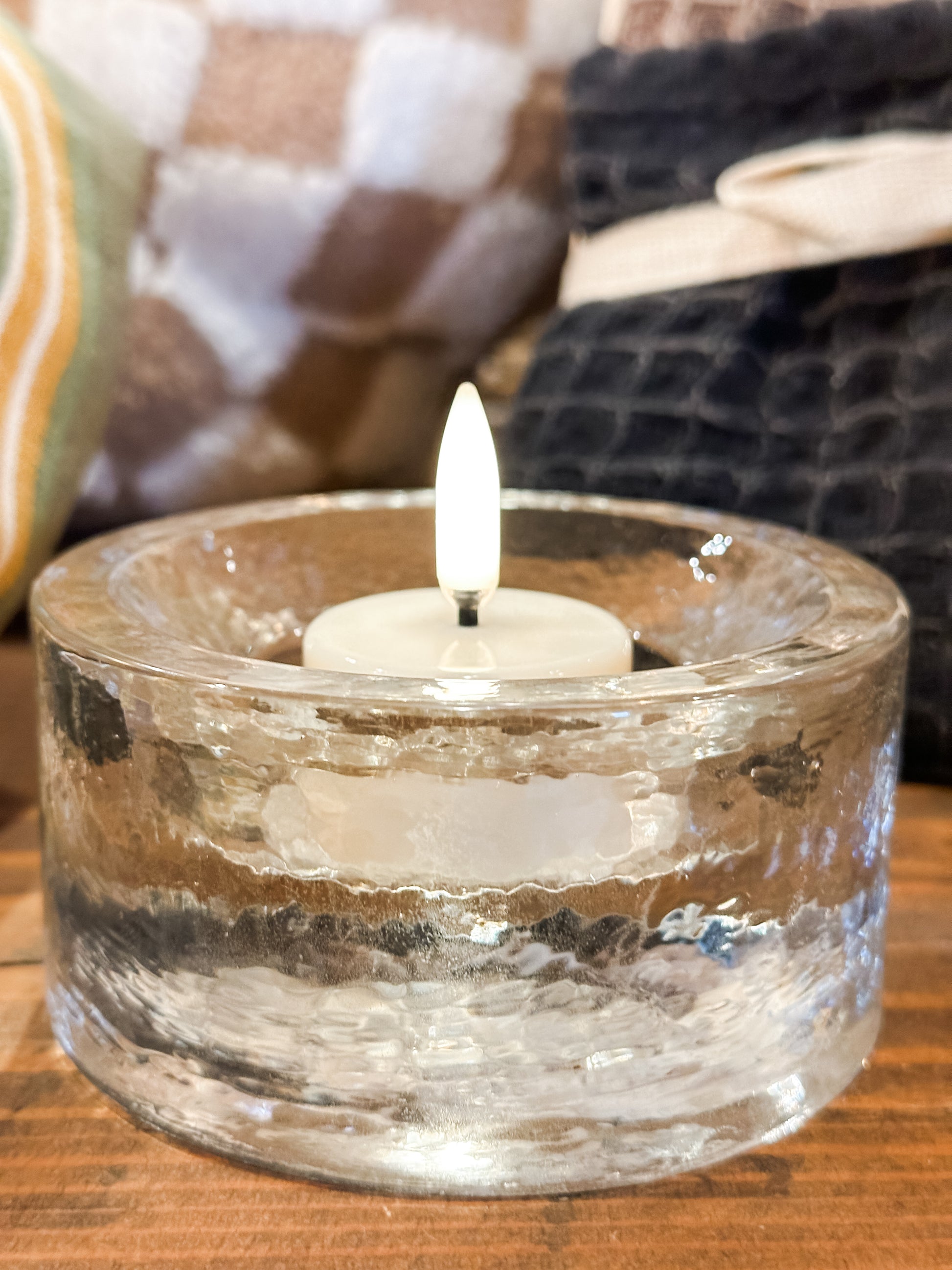 round pressed glass tea light holder at the Rustic Barn in Killingworth CT