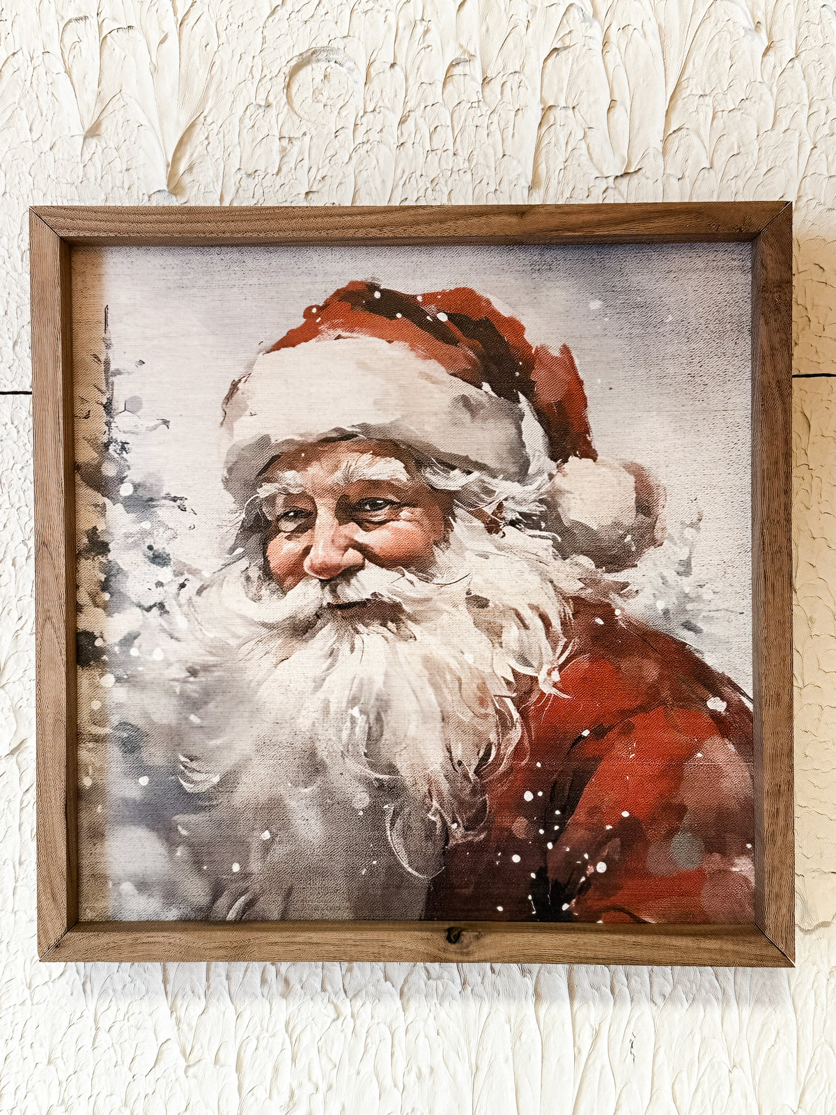 vintage santa portrait in the snow in wooden frame at the rustic barn in killingworth ct