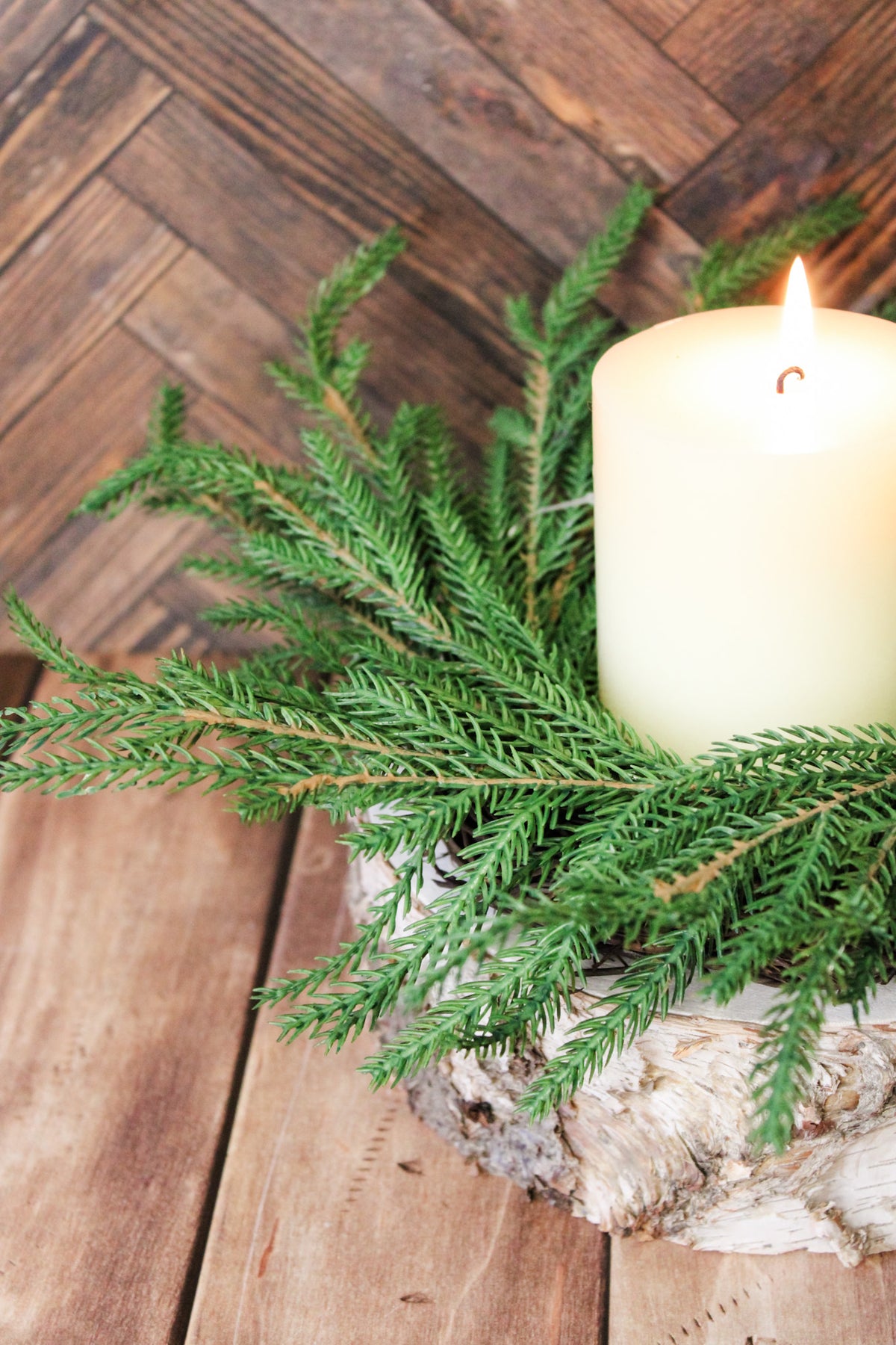 Realistic christmas candle taper ring for the holidays with pine details real touch for sale at the rustic barn in Killingworth, CT