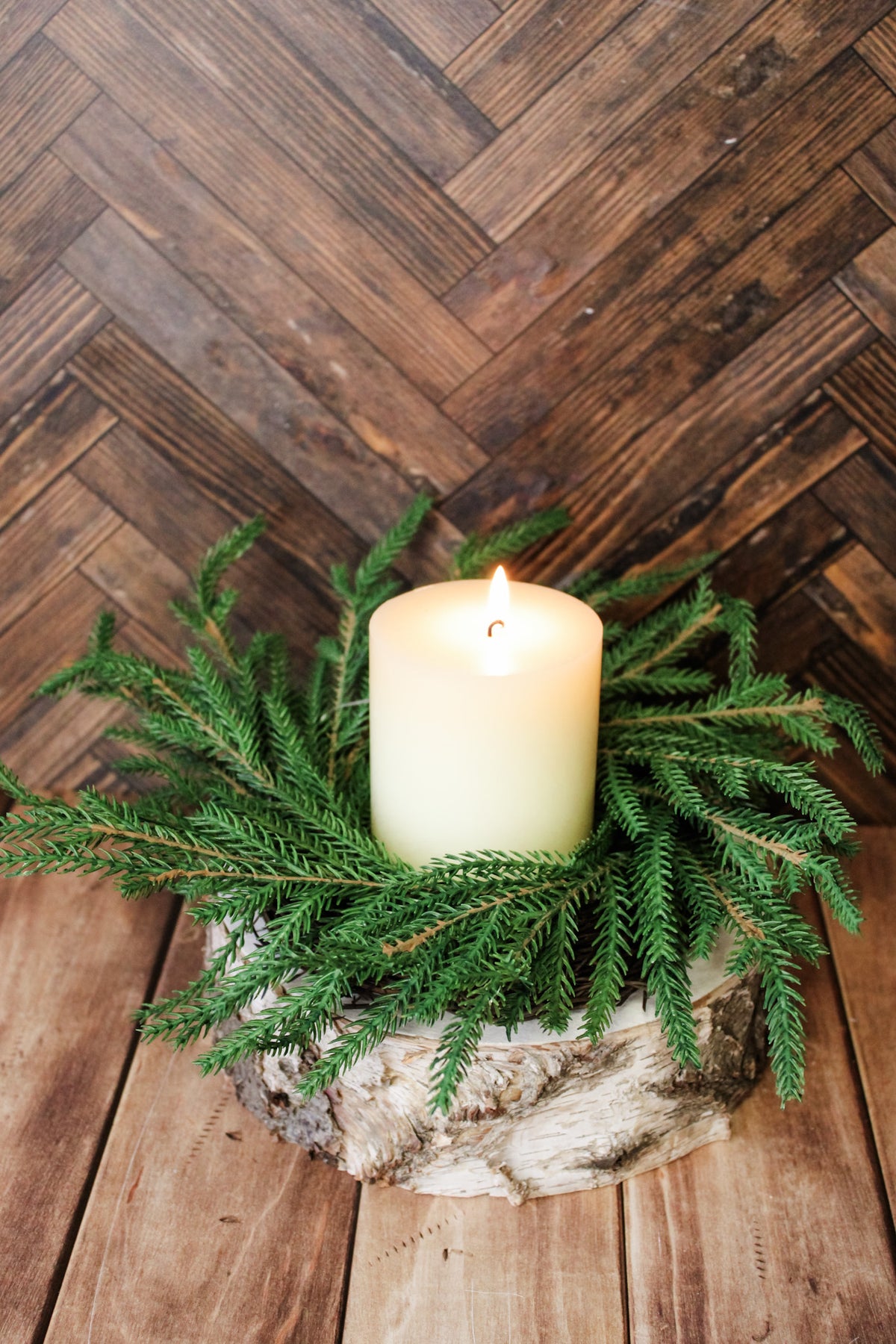 Realistic christmas candle taper ring for the holidays with pine details real touch for sale at the rustic barn in Killingworth, CT
