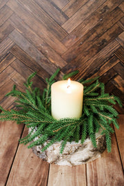 Realistic christmas candle taper ring for the holidays with pine details real touch for sale at the rustic barn in Killingworth, CT