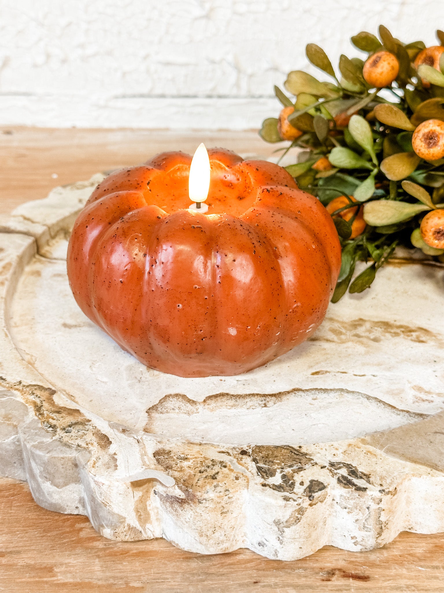 faux realistic 3d flame orange pumpkin at the rustic barn in killingworth ct