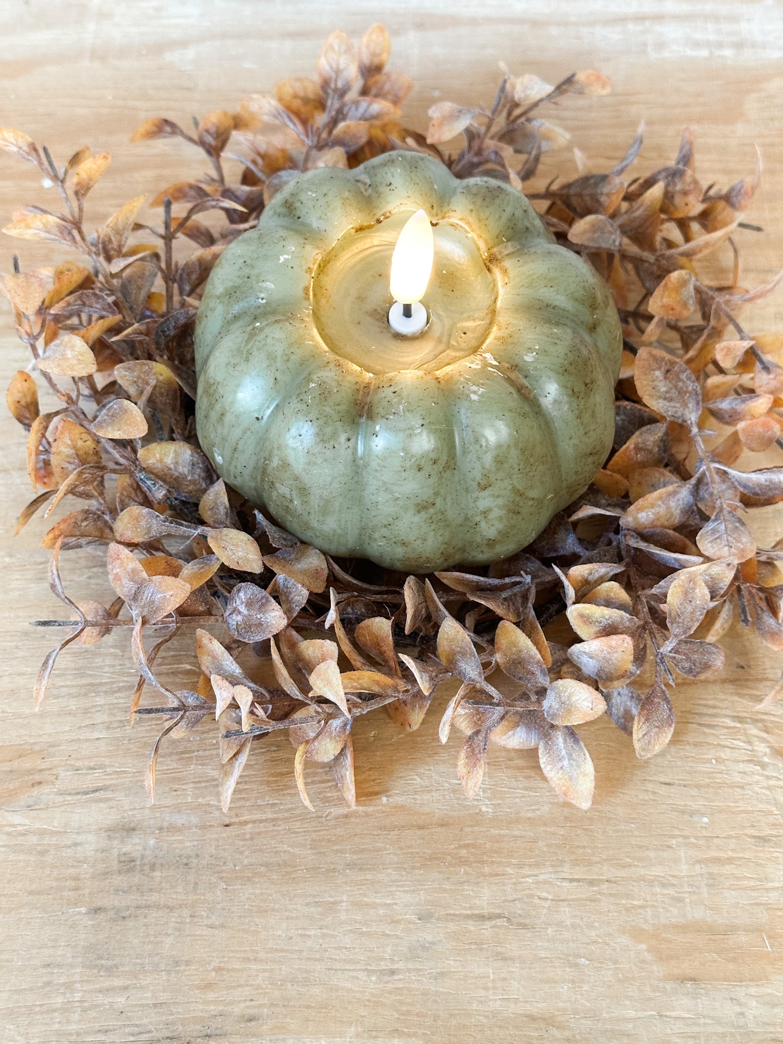 realistic faux 3d green flameless pumpkin candle at the rustic barn in killingworth ct