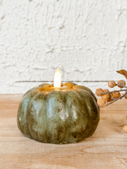 realistic faux 3d green flameless pumpkin candle at the rustic barn in killingworth ct