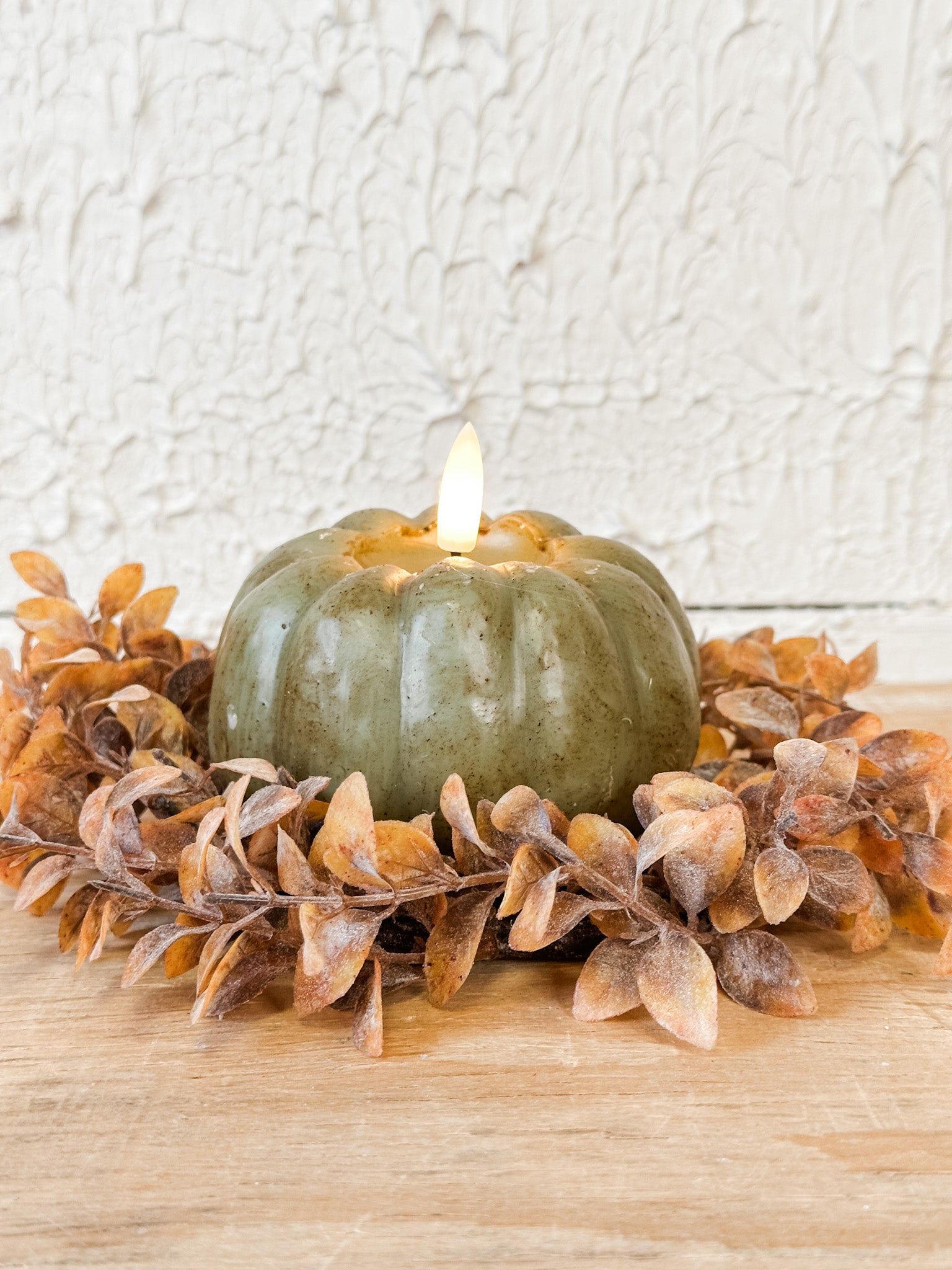 realistic faux 3d green flameless pumpkin candle at the rustic barn in killingworth ct