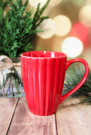 red ceramic 14oz ribbed holiday mug for christmas at the rustic barn in killingworth ct