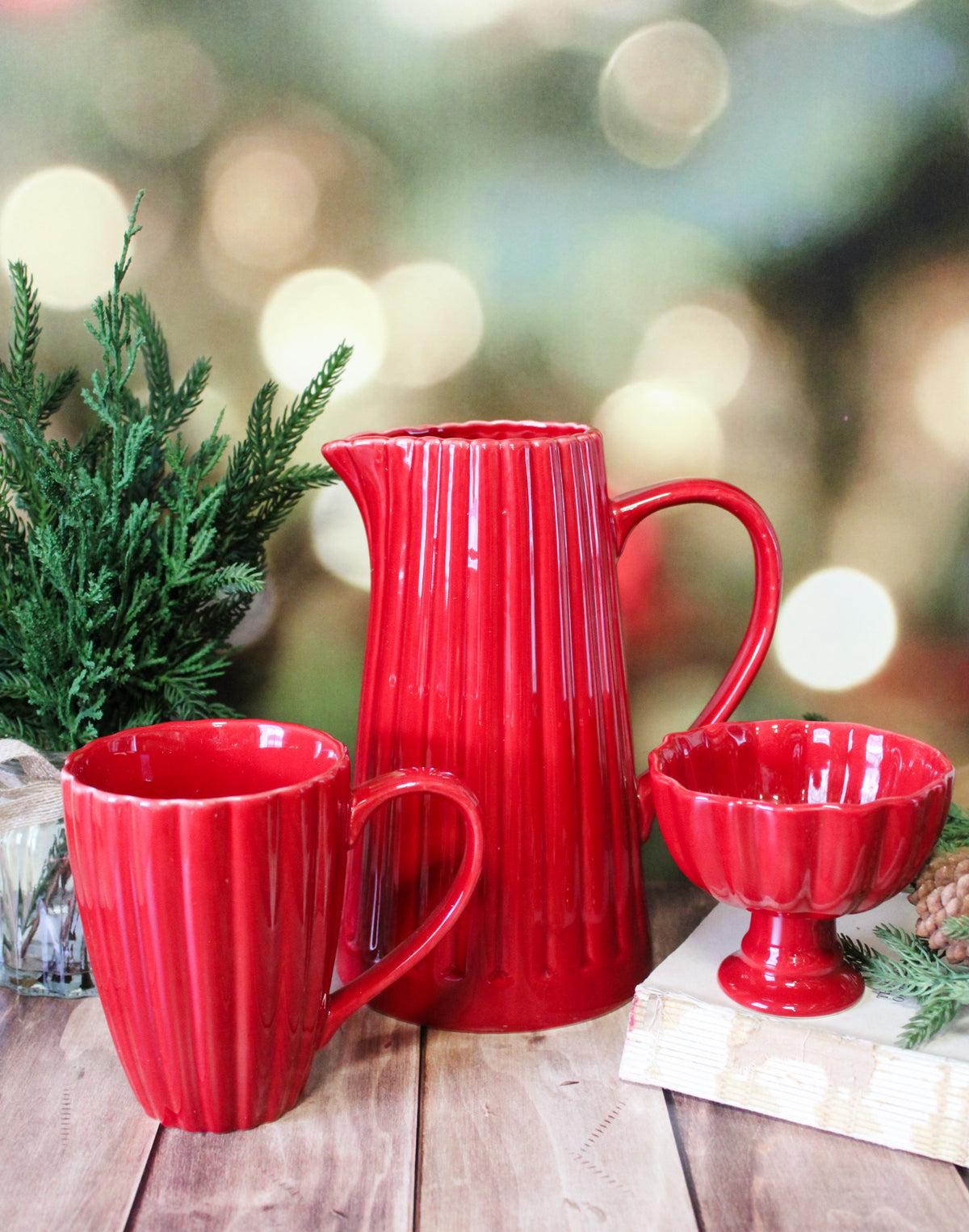 red ceramic 14oz ribbed holiday mug, bowl, and pitcher for christmas at the rustic barn in killingworth ct