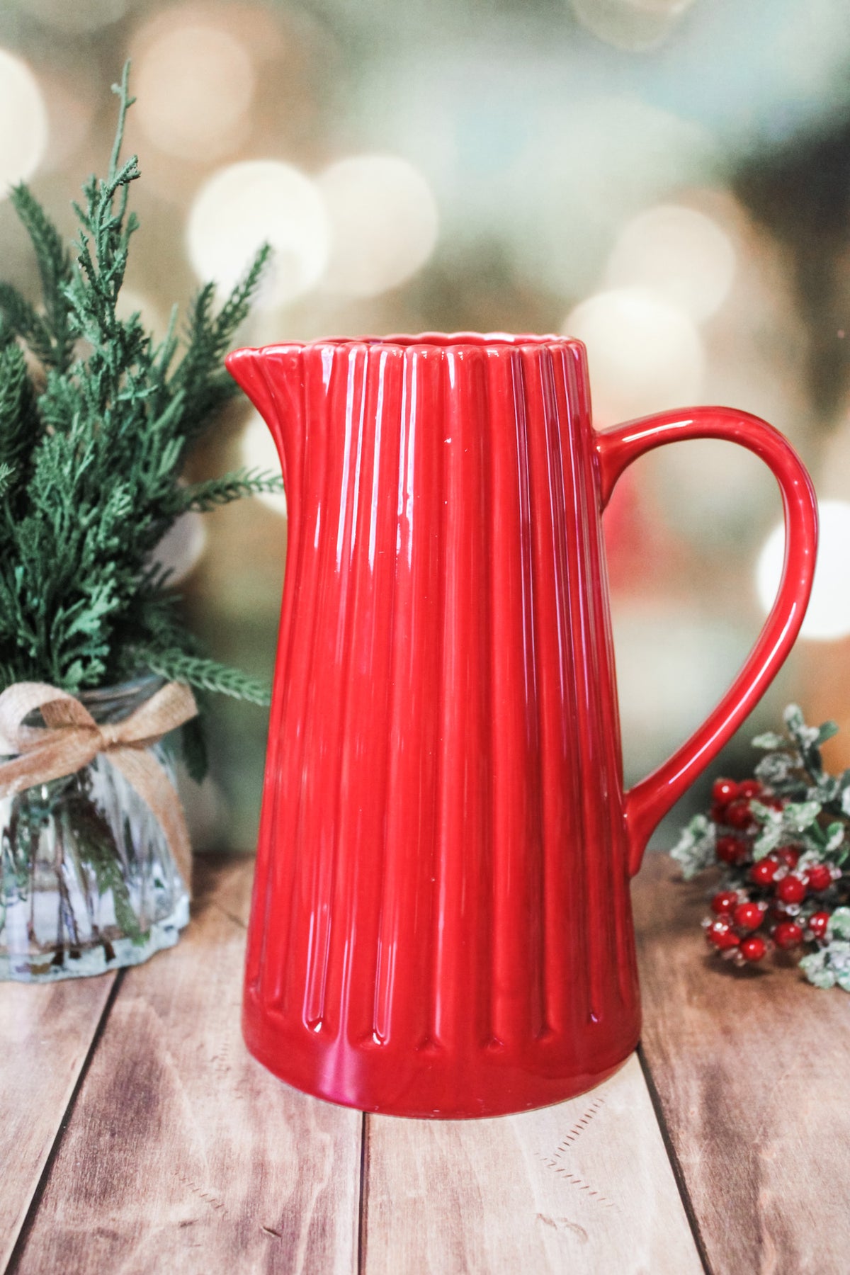 red ceramic pitcher large for christmas at the rustic barn in killingworth ct