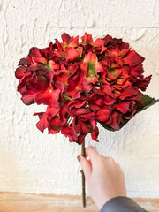 red hydrangea 19" stem bloom for christmas and holiday time for sale at the rustic barn in killingworth, CT