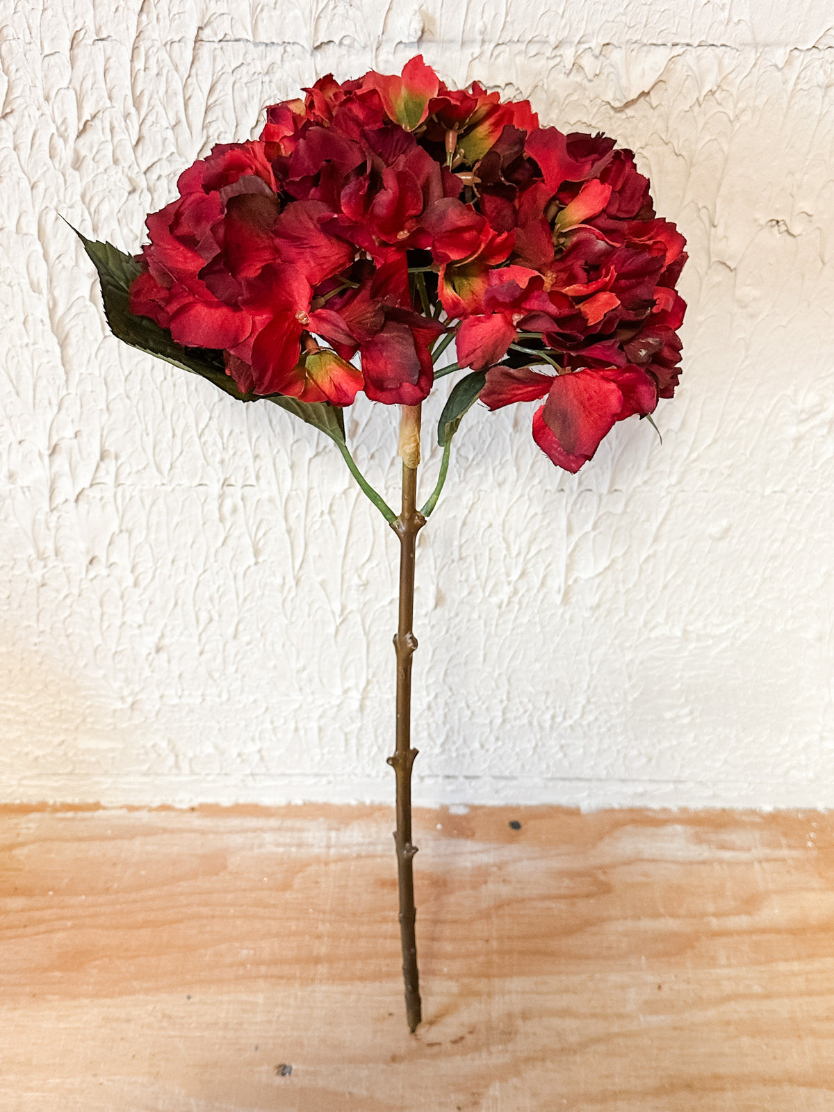 red hydrangea 19" stem bloom for christmas and holiday time for sale at the rustic barn in killingworth, CT