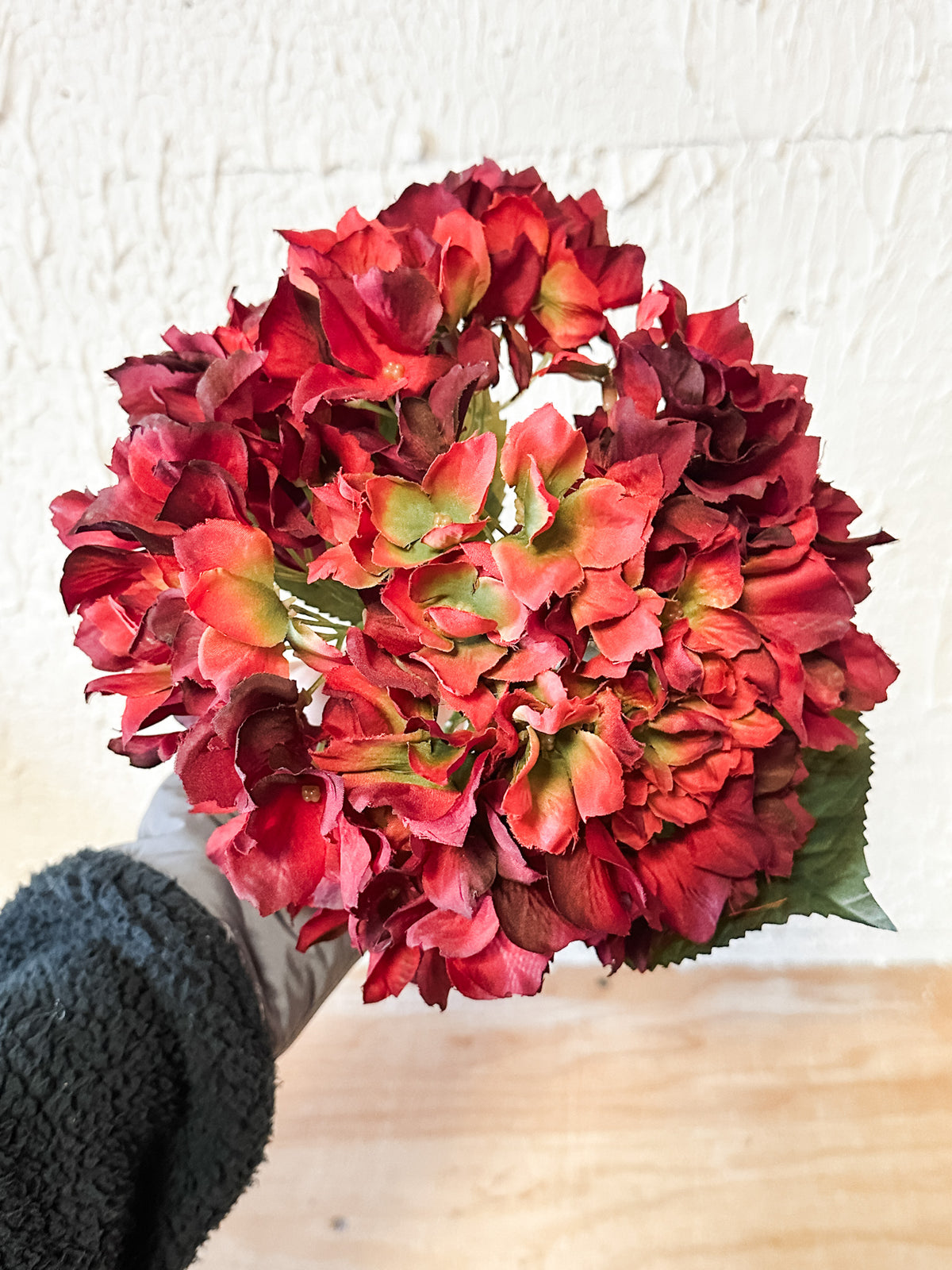 red hydrangea 19" stem bloom for christmas and holiday time for sale at the rustic barn in killingworth, CT