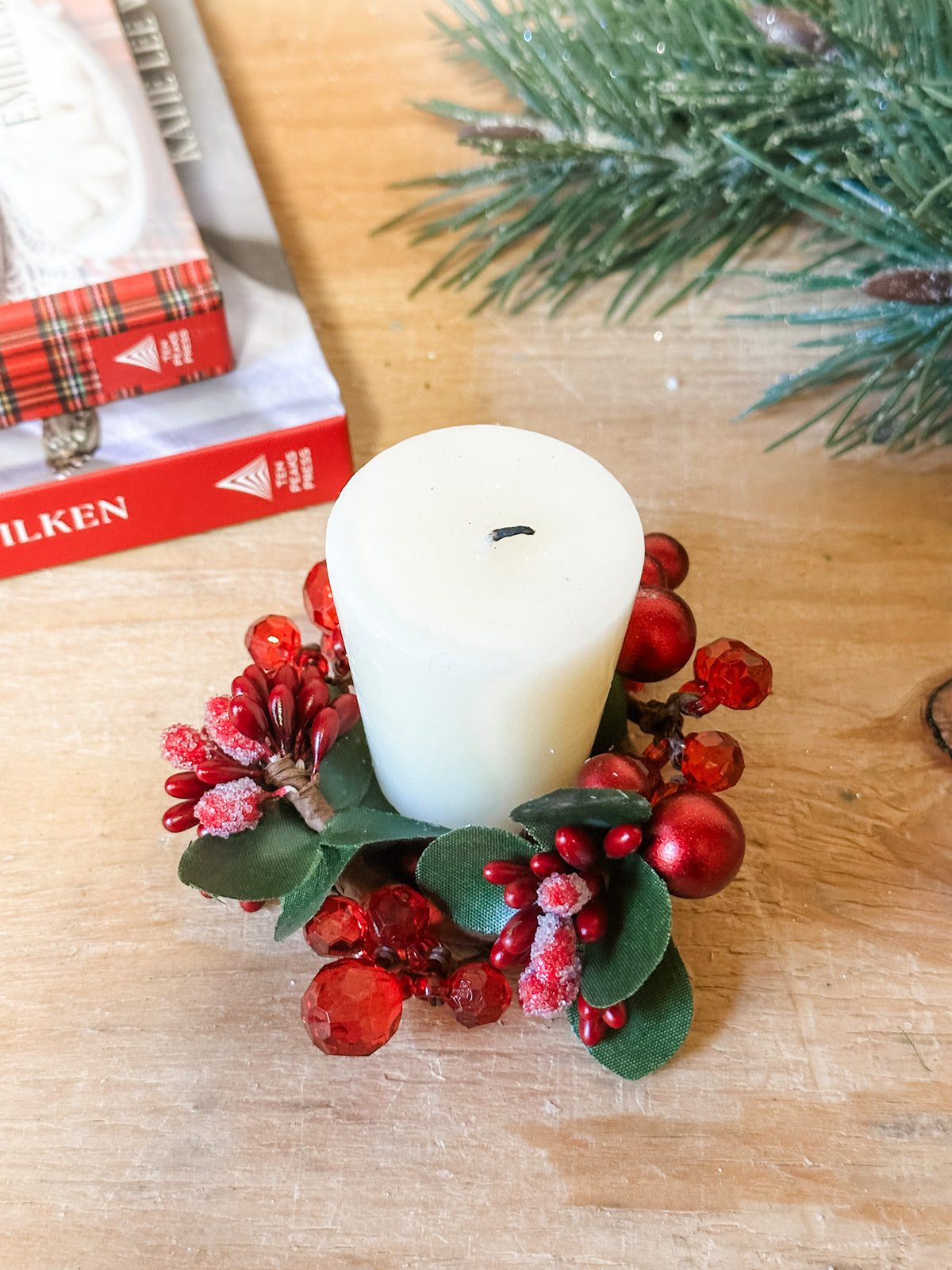 red festive berry and beaded candle taper ring holder for christmas and holidays for sale at the rustic barn in killingworth, CT