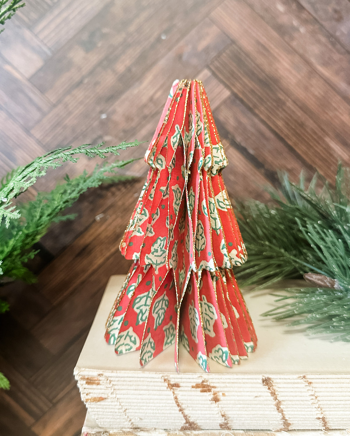 red paper honeycomb tree vintage for christmas 5" with gold sparkly edge for sale at the rustic barn In killingworth, CT