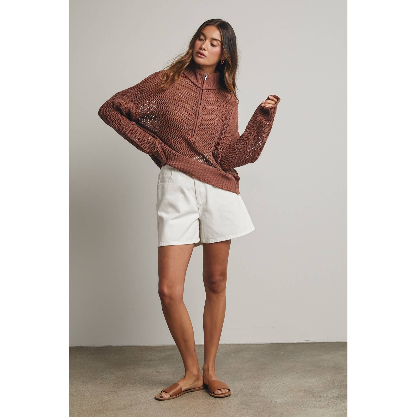 relaxed fit open knit brown sweater at the rustic barn in Killingworth ct