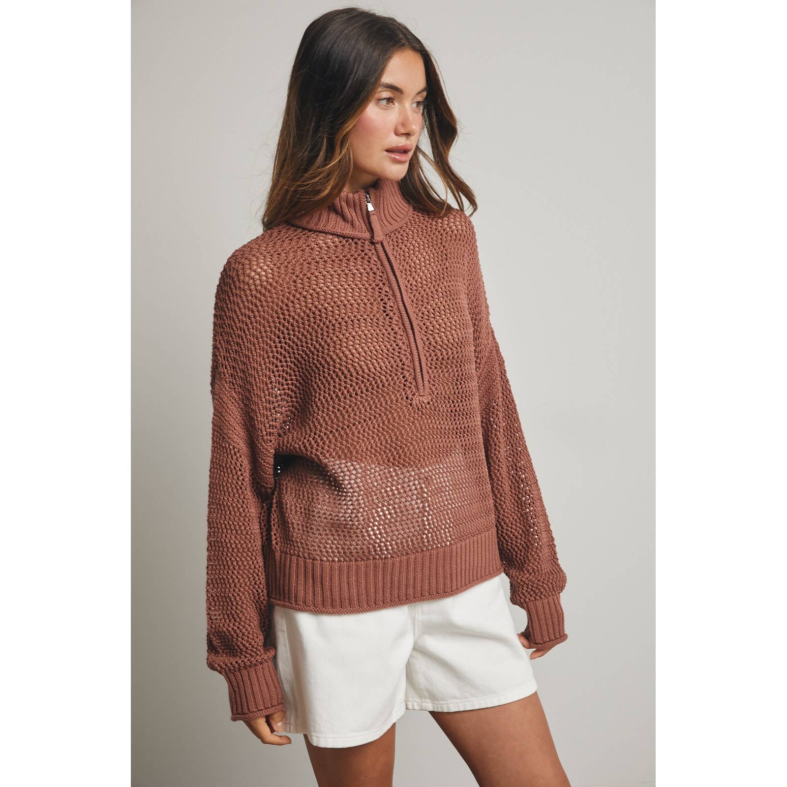 relaxed fit open knit brown sweater at the rustic barn in Killingworth ct