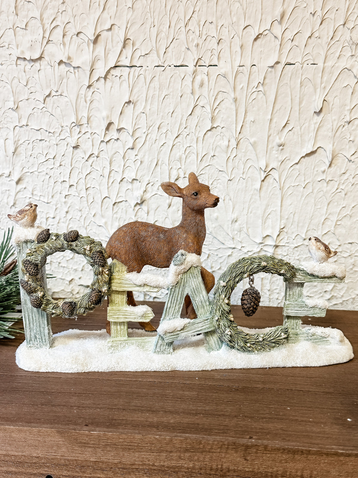 Peaceful Forest "Peace" Wreath & Deer Resin Figurine – Rustic Winter Woodland Decor