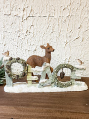 Peaceful Forest "Peace" Wreath & Deer Resin Figurine – Rustic Winter Woodland Decor