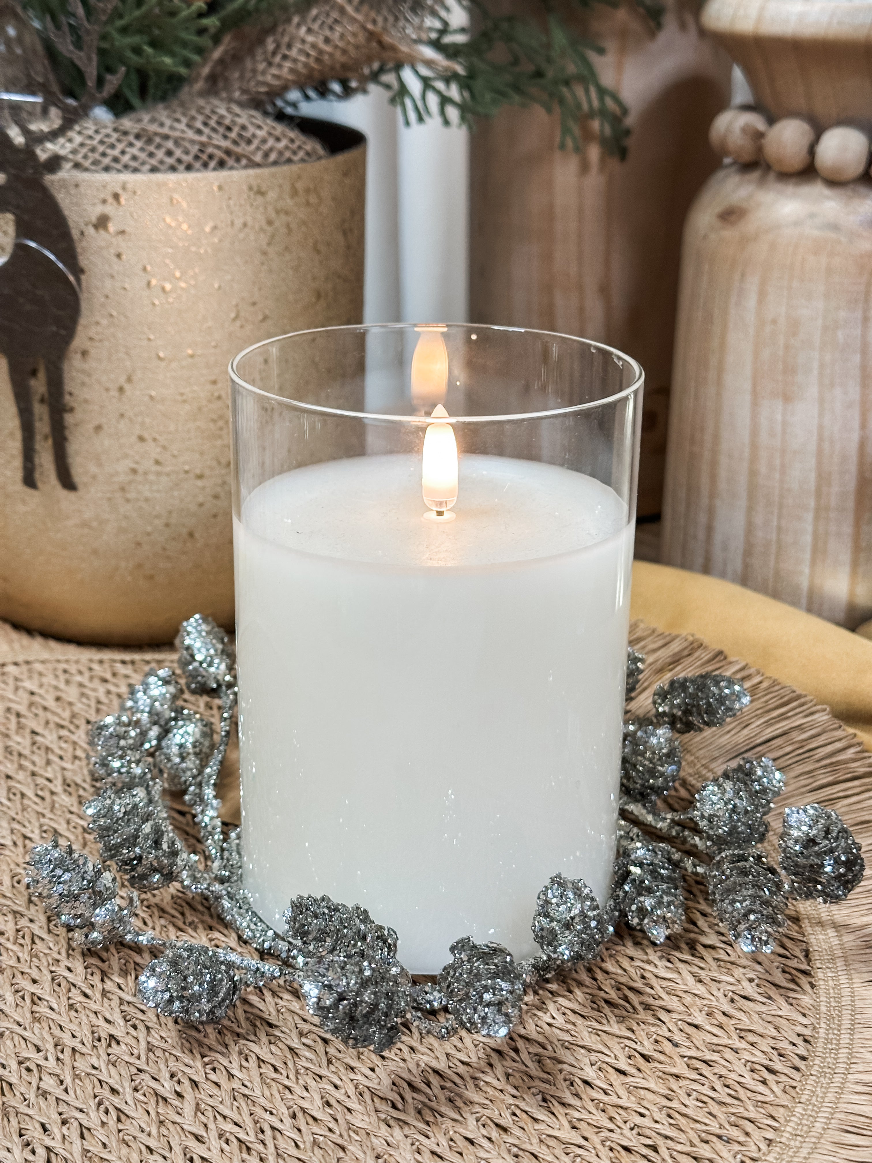 round plastic pinecone wreath with glitter at The Rustic Barn in Killingworth CT