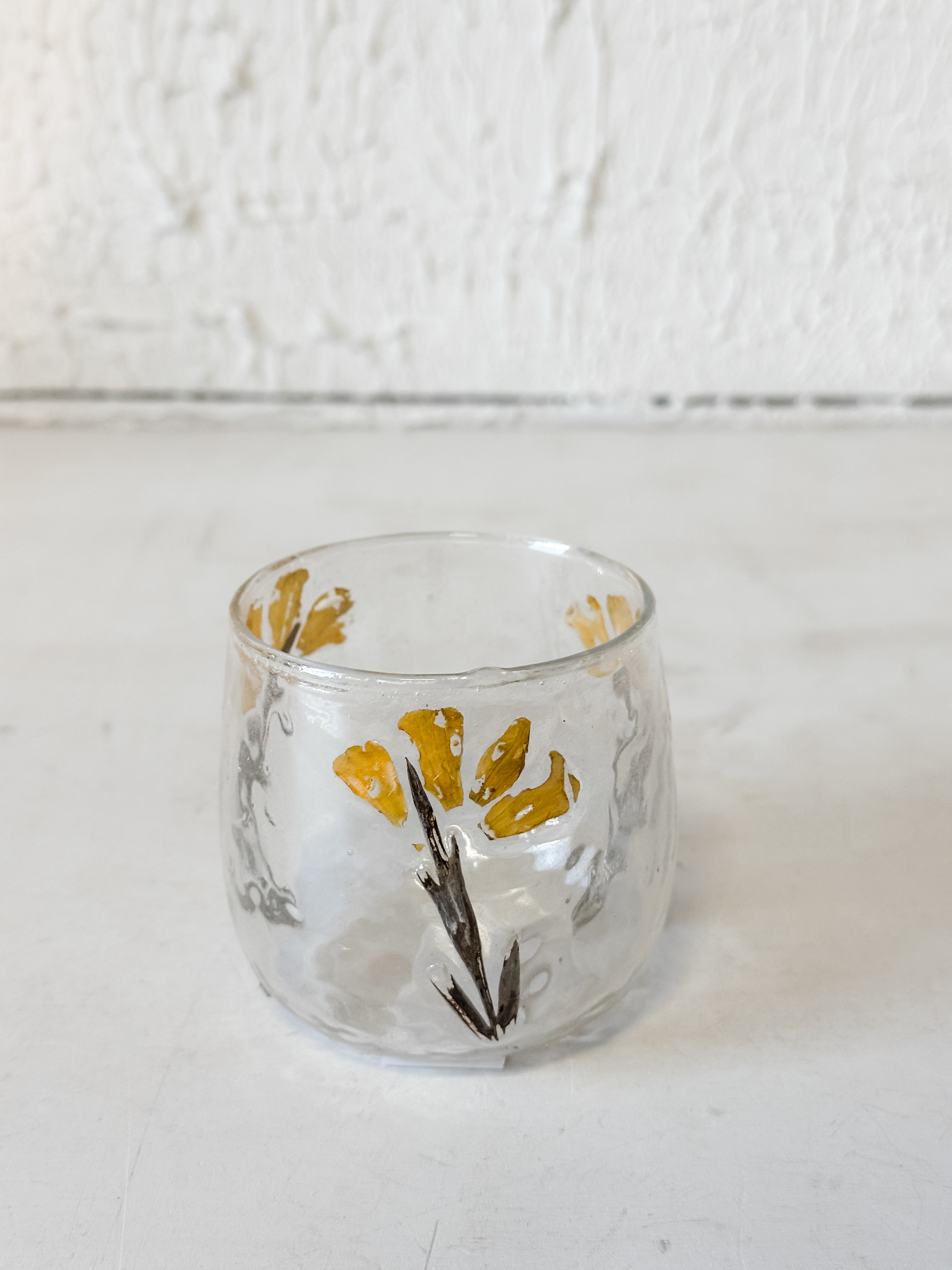 handmade glass votive holder with embedded oak leaves at the Rustic Barn in Killingworth, CT