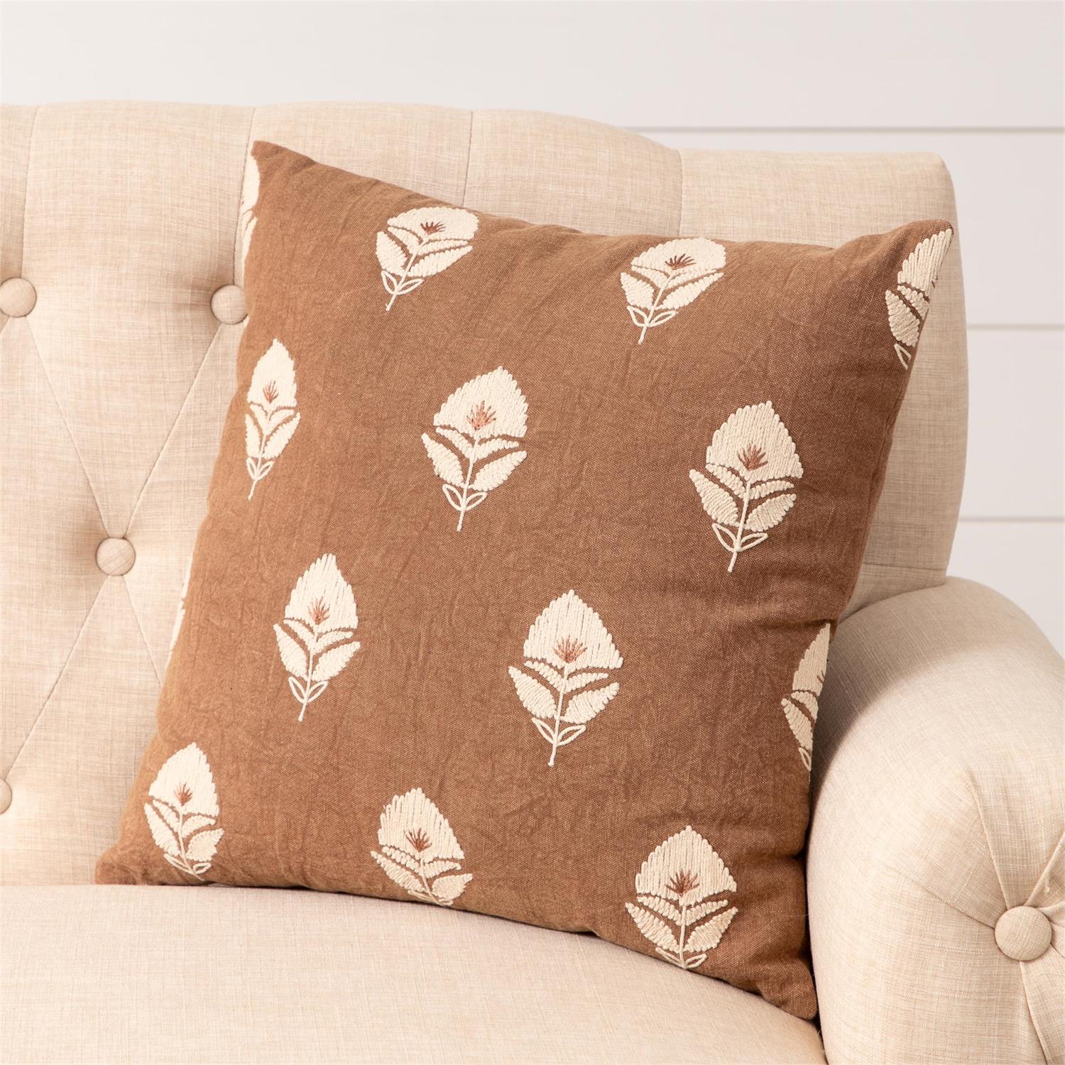 Rust With Embroidered Floral Block Print Pillow