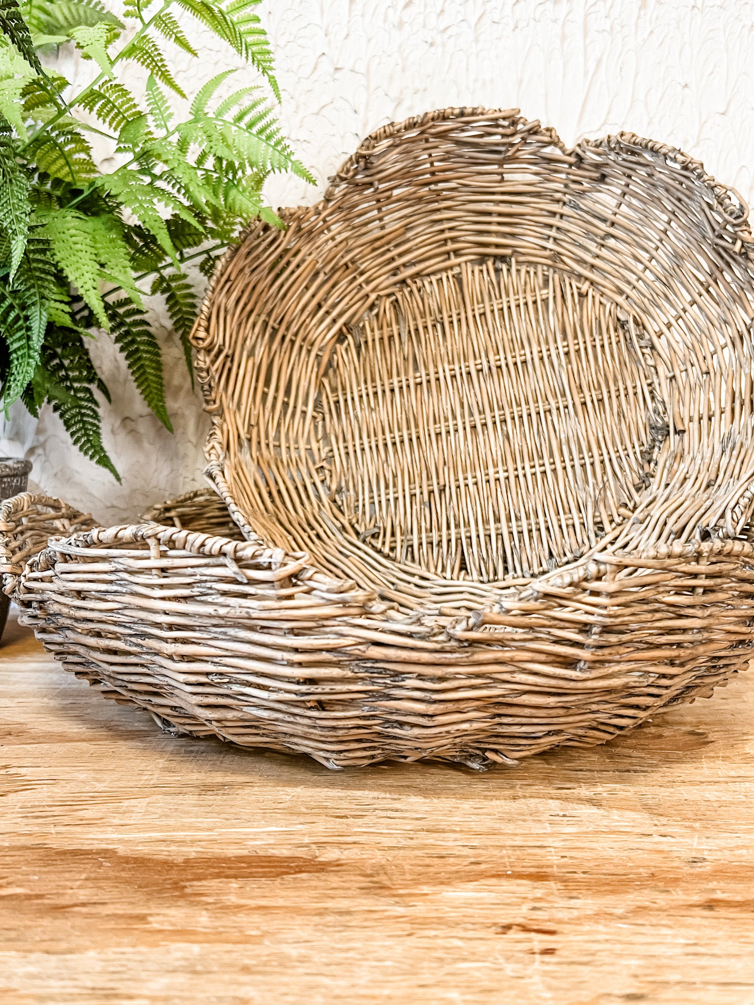 rustic grey washed scalloped baskets small and large at the rustic barn in killingworth ct