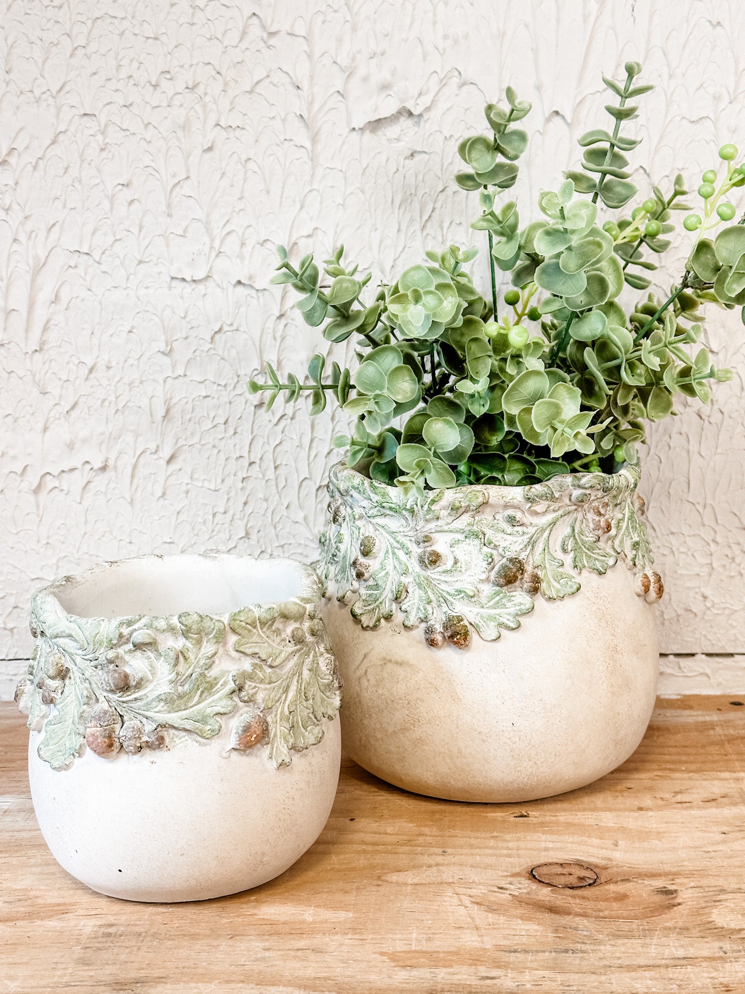 rustic oak leaves and acorns cement planters at the rustic barn in killingworth ct
