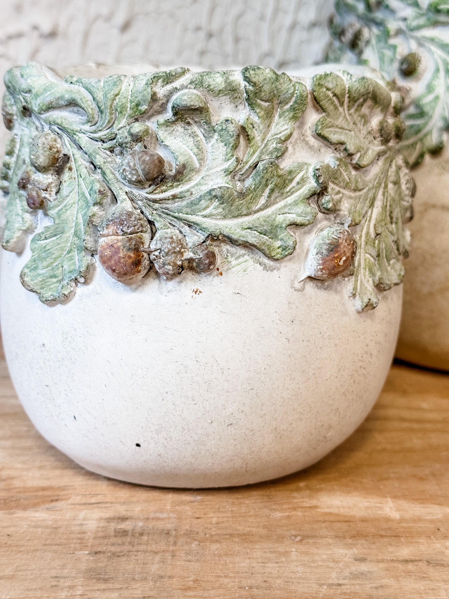 rustic oak leaves and acorns cement planters at the rustic barn in killingworth ct