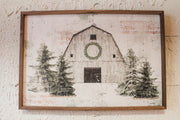 Rustic winter christmas barn framed wall art for christmas with evergreen scene and holiday wreath bright white with green hints for sale at the rustic barn in killingworth, CT