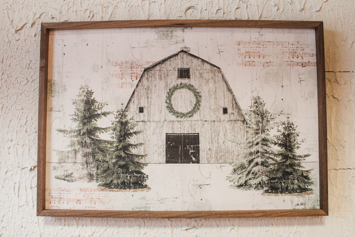 Rustic winter christmas barn framed wall art for christmas with evergreen scene and holiday wreath bright white with green hints for sale at the rustic barn in killingworth, CT